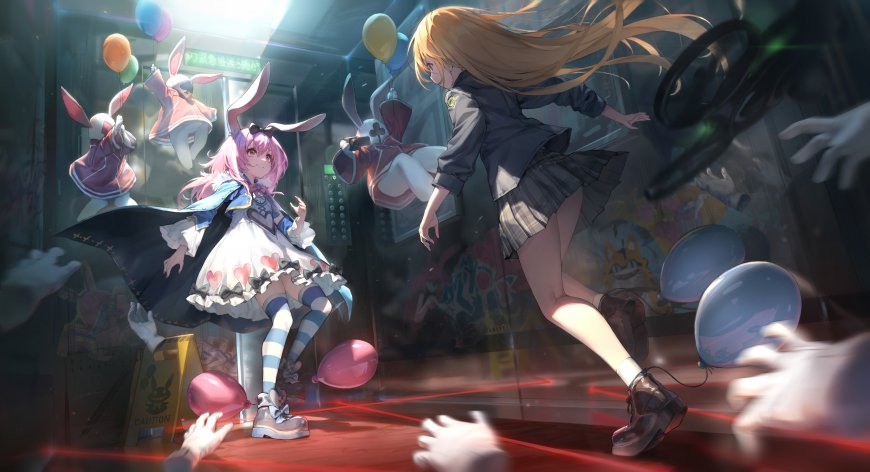 兔耳少女奔跑气球警示原创二次元动漫电脑壁纸