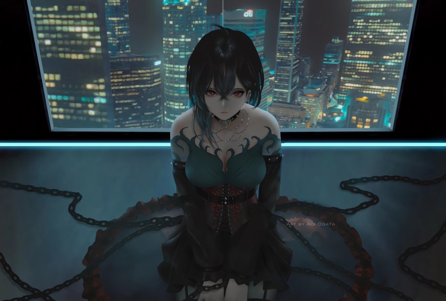 锁链红眼短发少女都市夜景二次元动漫电脑壁纸