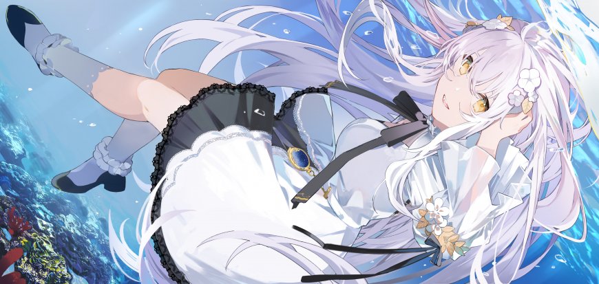 水下银发眼镜少女白裙二次元动漫电脑壁纸