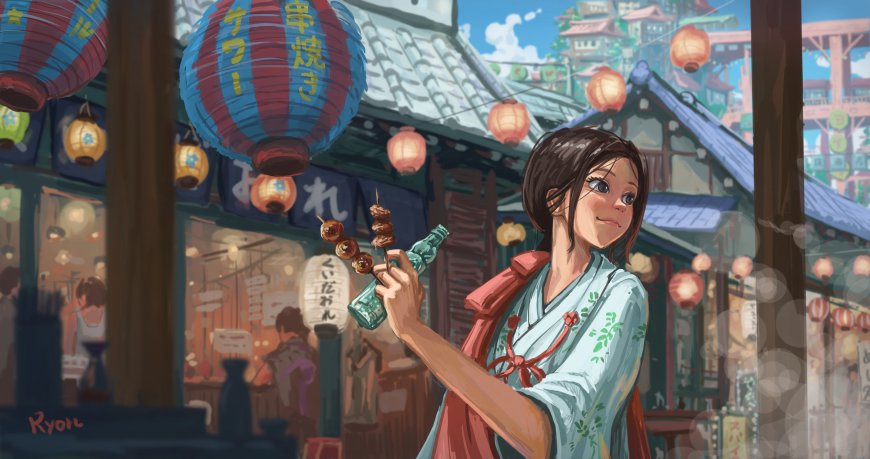 夏日祭浴衣灯笼微笑清纯少女二次元动漫电脑壁纸