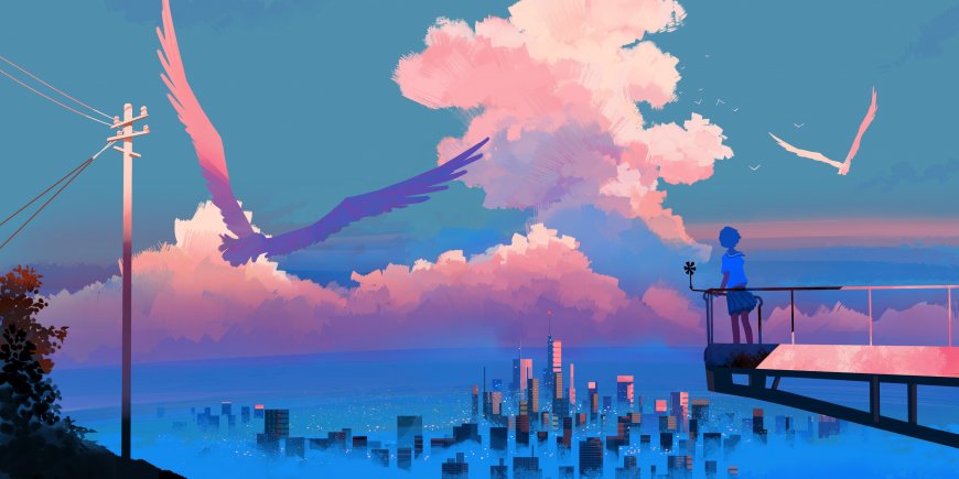 夕阳城市校服少女远望数字绘画创意电脑壁纸