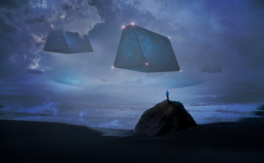 浮空巨碑荒漠蓝衣旅人科幻概念创意电脑壁纸