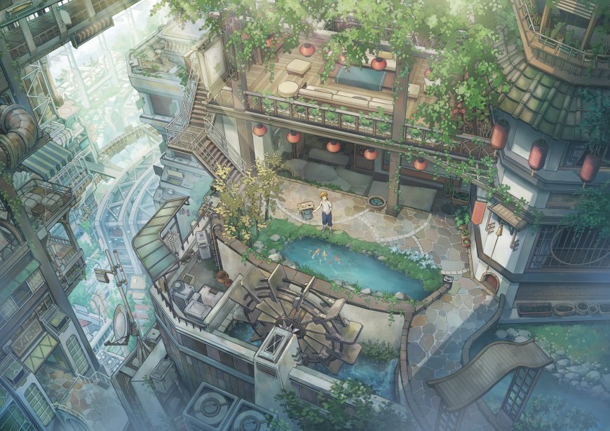 奇幻水车屋池塘倒影二次元风景电脑壁纸