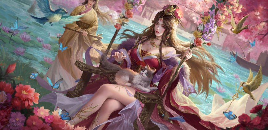 古装美女荷花池畔抱猫仙侠游戏电脑壁纸