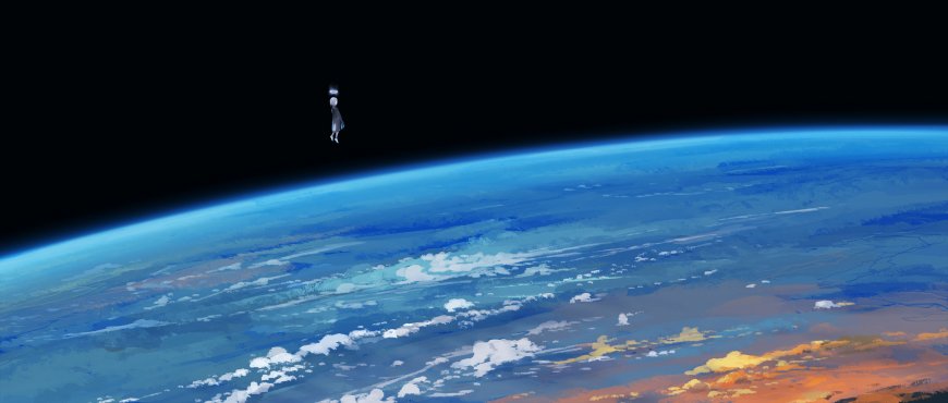 地球轨道光环少女俯瞰蓝色星球科幻创意电脑壁纸