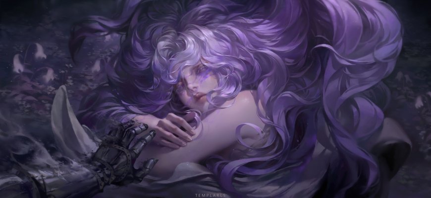 紫发长发少女铠甲手甲森林幻想创意电脑壁纸