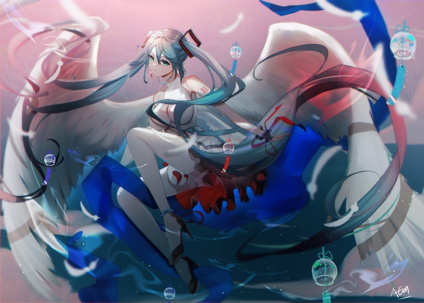 初音未来双马尾白翼水中漂浮二次元动漫电脑壁纸
