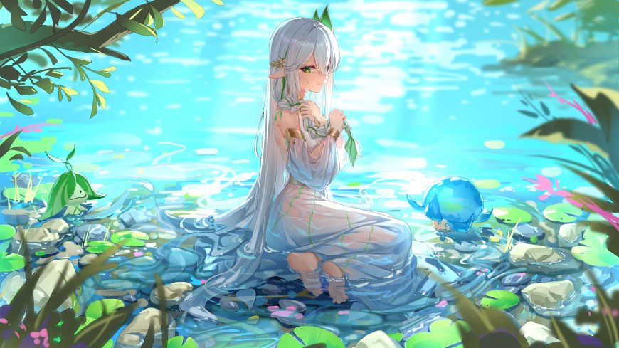 原神纳西妲精灵少女池塘戏水游戏电脑壁纸