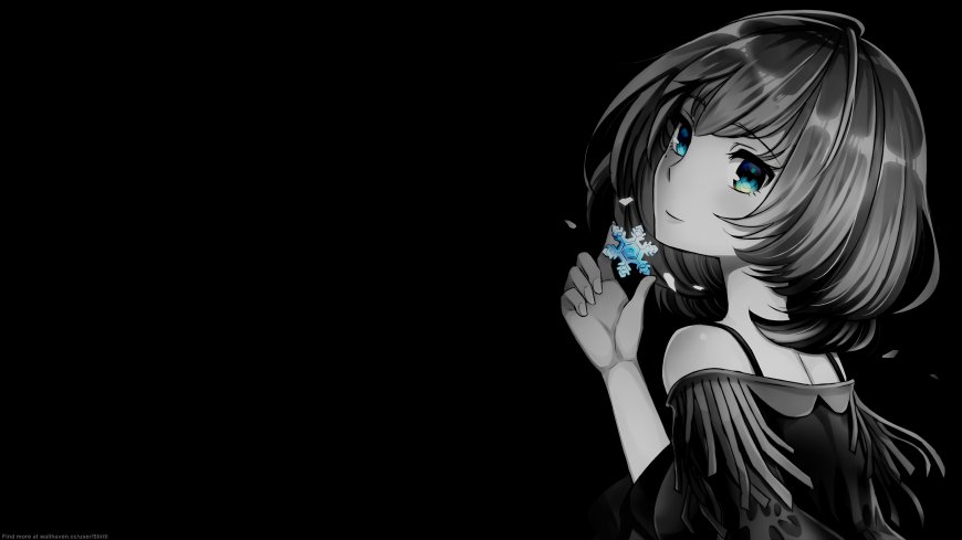 黑白点彩短发少女雪花极简二次元动漫电脑壁纸