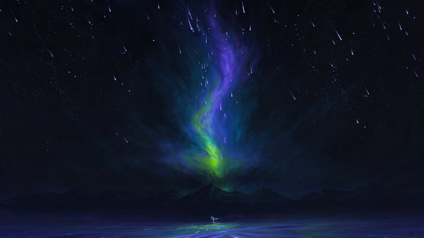 极光流星山脉数字油画风景电脑壁纸