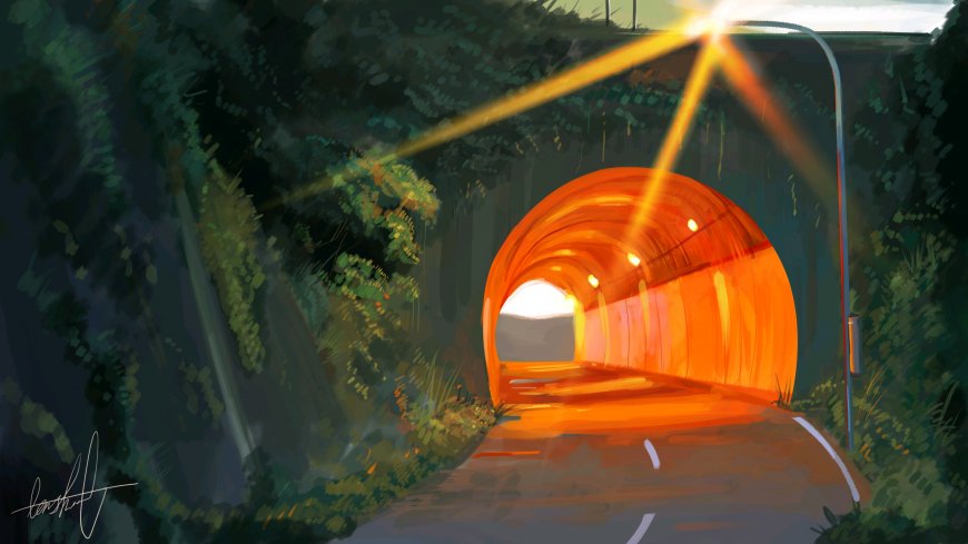 暖色隧道公路街灯延伸夜景创意电脑壁纸