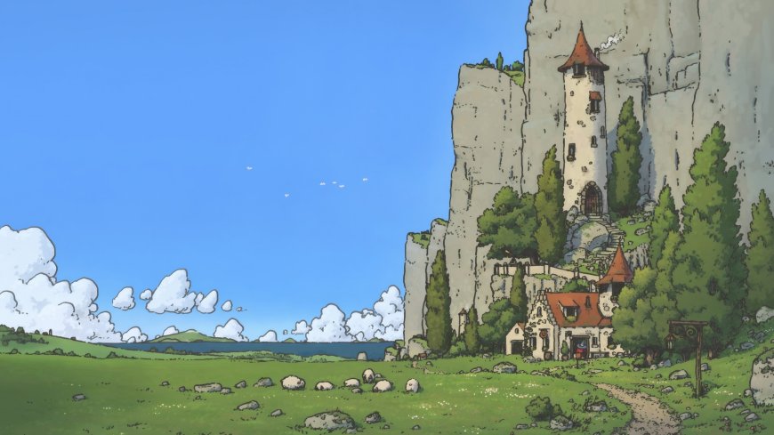 悬崖高塔牧羊人田园奇幻插画风景电脑壁纸