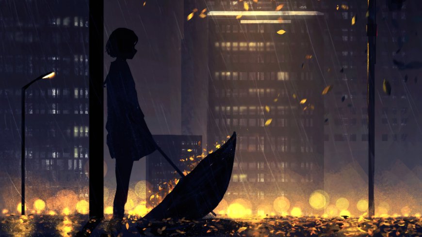 雨夜秋叶路灯少女剪影二次元风景电脑壁纸