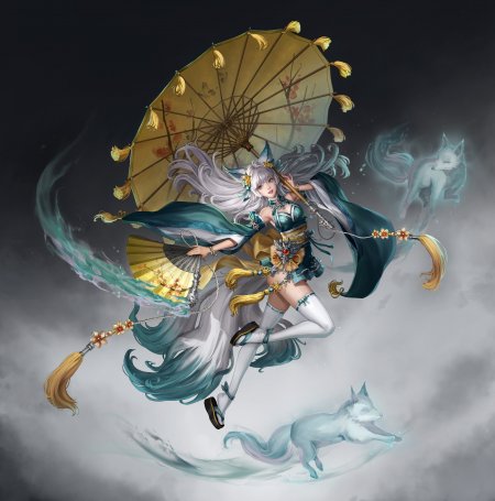 白发狐狸耳油纸伞少女动漫手机壁纸