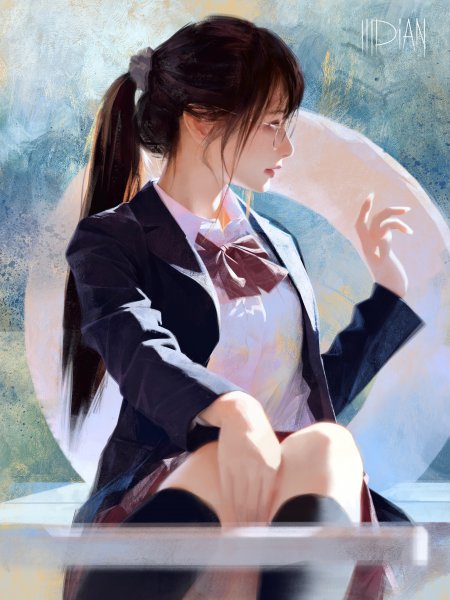眼镜马尾JK制服侧颜少女动漫手机壁纸