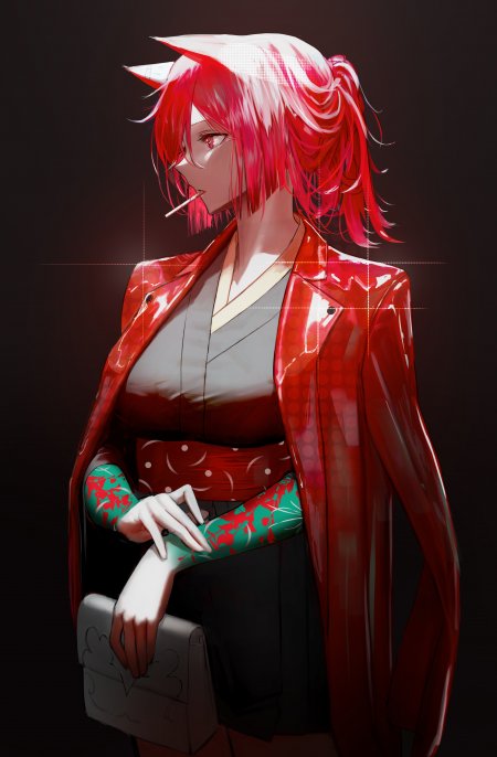 红发狐狸耳少女和服潮酷动漫手机壁纸