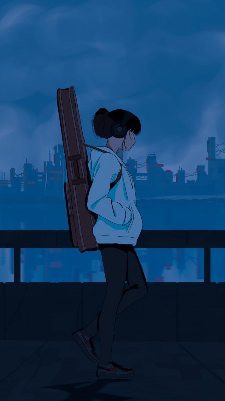 夜色耳机吉他盒行走少女动漫手机壁纸