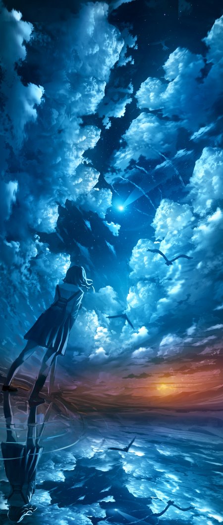 JK制服少女星空倒影背影动漫手机壁纸