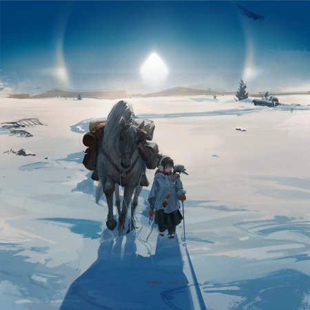 雪原牵马冬装漫步少女动漫手机壁纸