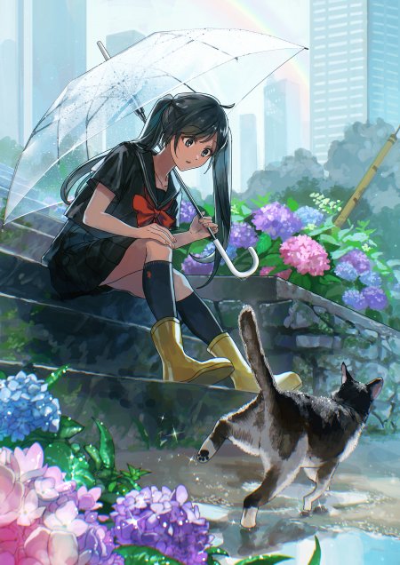 双马尾JK制服雨后撑伞少女动漫手机壁纸