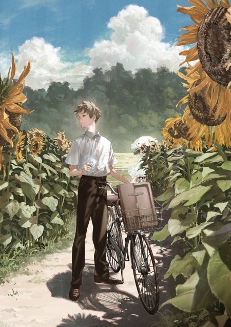 向日葵田回望自行车少年动漫手机壁纸