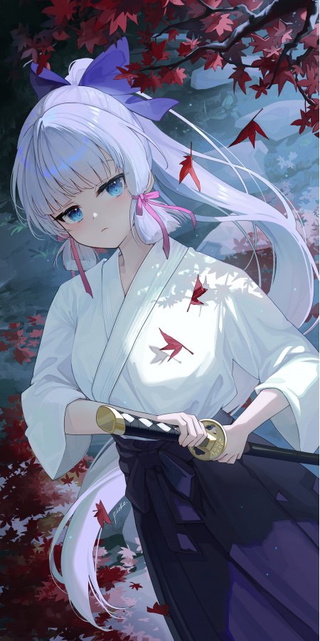 原神神里绫华枫叶持刀少女游戏手机壁纸