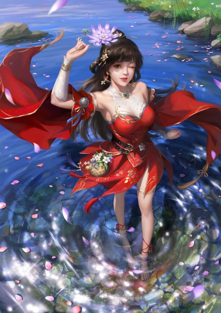 古风红衣溪水莲花少女动漫手机壁纸