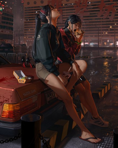 都市雨夜红车双人长发美女手机壁纸