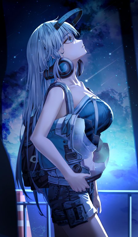蓝发少女流星雨耳机夜空动漫手机壁纸