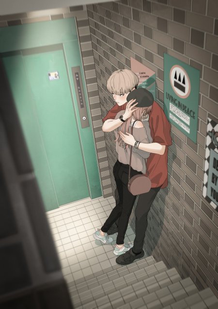 楼梯拥抱背影少女少年动漫手机壁纸