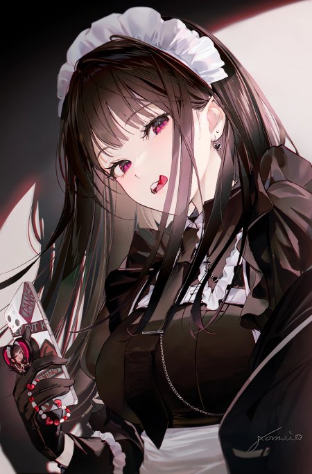 黑发红瞳女仆少女吐舌动漫手机壁纸