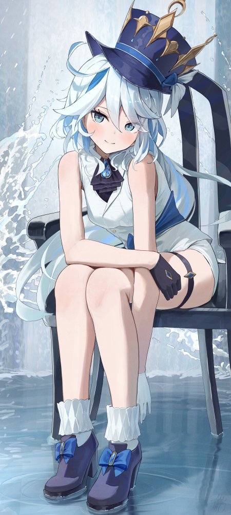 原神芙宁娜水面坐椅少女游戏手机壁纸