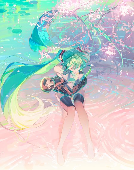 初音未来双马尾樱花水面动漫手机壁纸
