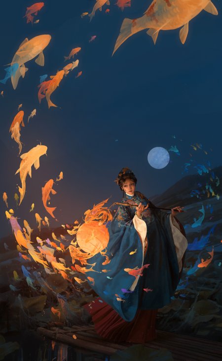 汉服御姐月下锦鲤环绕动漫手机壁纸
