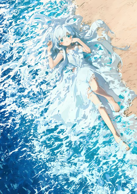 白裙双马尾少女海边躺卧动漫手机壁纸