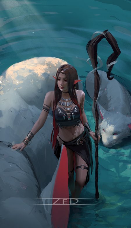 精灵少女水中白兽法杖动漫手机壁纸