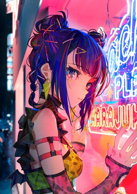 霓虹街头彩发少女侧颜动漫手机壁纸