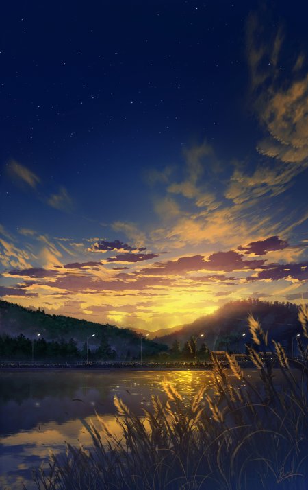 湖畔夕阳星空倒影唯美动漫风景手机壁纸