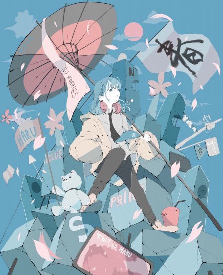 蓝发耳机春日制服少女动漫手机壁纸