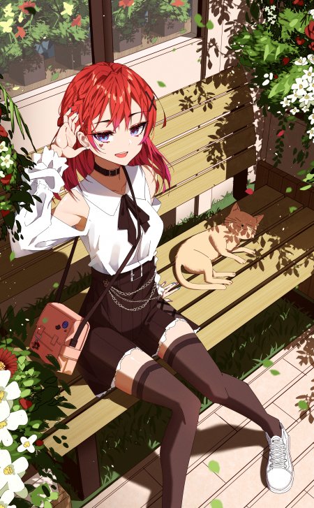 红发长椅橘猫黑裙少女动漫手机壁纸