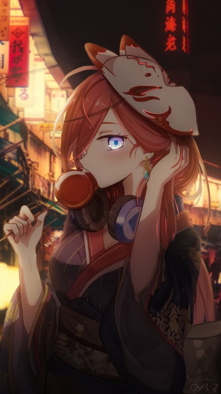 中野三玖和服狐面少女动漫手机壁纸