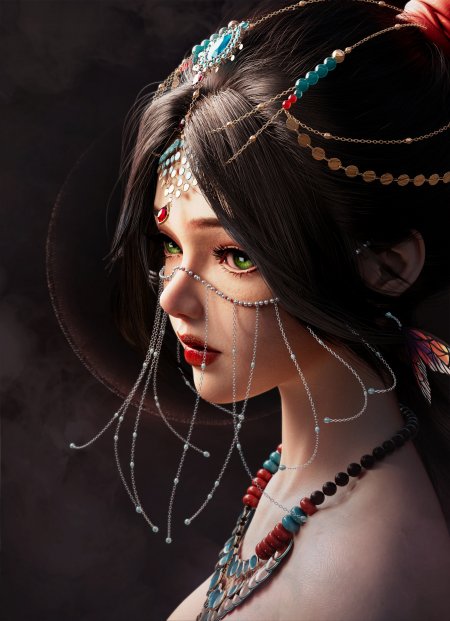 古装美女头饰面纱侧脸美女手机壁纸