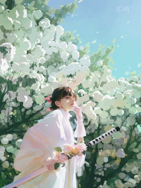 白裙持刀玫瑰花丛少女动漫手机壁纸