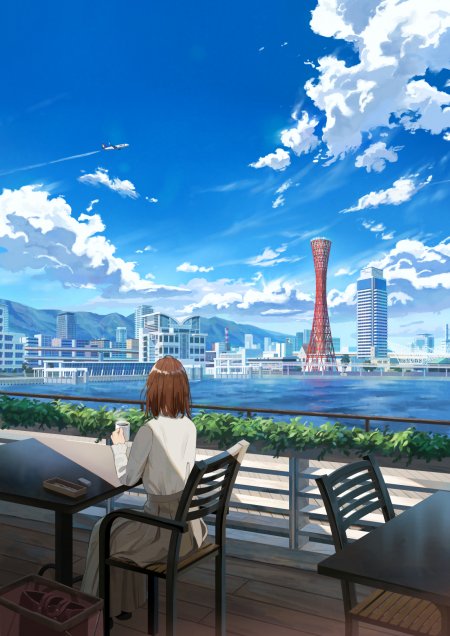 咖啡馆海景少女背影动漫手机壁纸