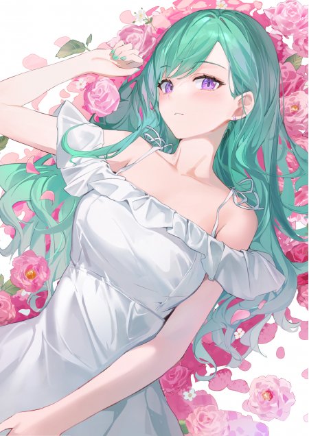 绿发紫瞳白裙玫瑰少女动漫手机壁纸