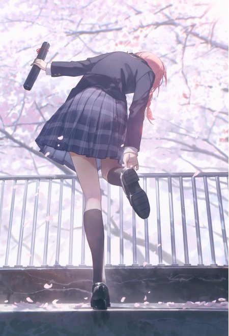 樱花JK制服背影粉发少女动漫手机壁纸