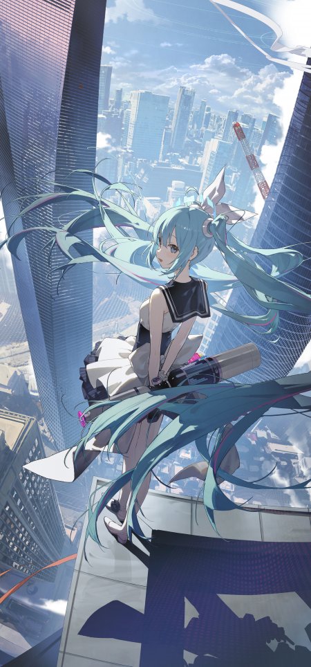 初音未来楼顶回眸双马尾少女动漫手机壁纸