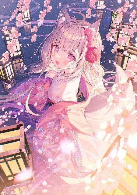 粉发狐狸耳花灯和服少女动漫手机壁纸
