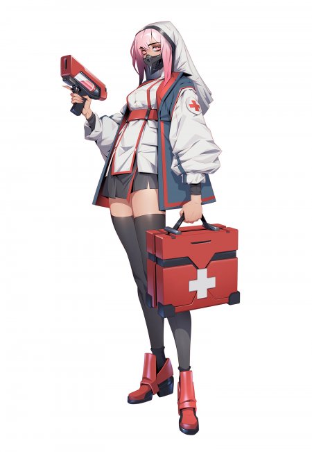 粉发口罩持枪制服少女动漫手机壁纸