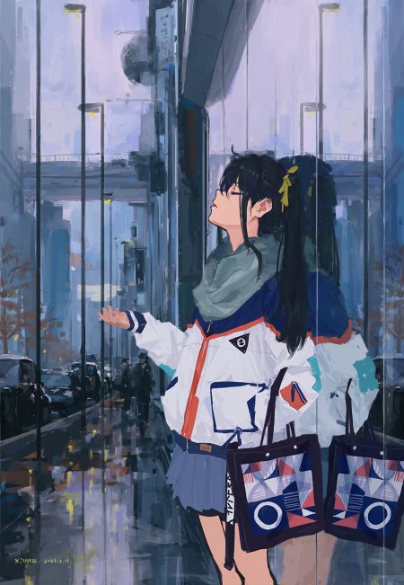雨中街景JK制服少女动漫手机壁纸